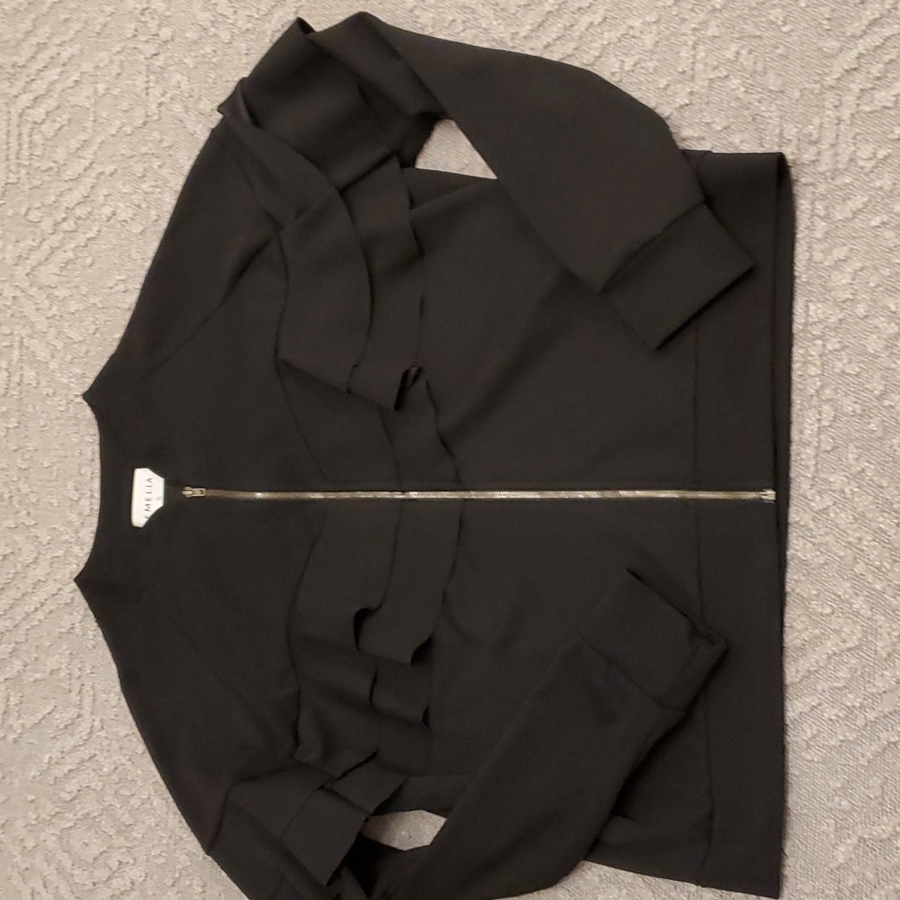 Black Zip Up Sweater with Ruffle